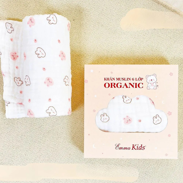 Khăn tắm muslin organic EmmaKids 6 lớp cho bé (110x83cm) (họa tiết ngẫu nhiên)