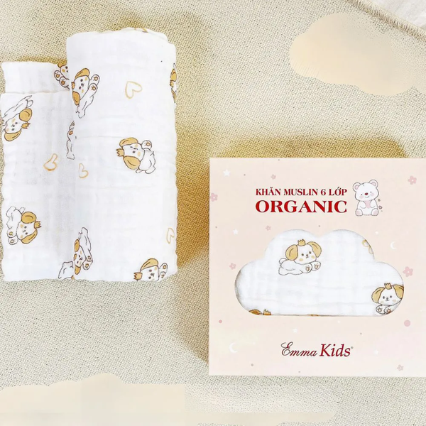 Khăn tắm muslin organic EmmaKids 6 lớp cho bé (110x83cm) (họa tiết ngẫu nhiên)