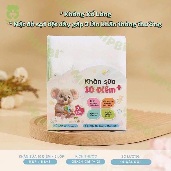 Khăn sữa 10 điểm Mipbi 3 lớp (gói 10 chiếc)