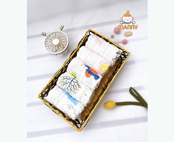 Set 5 Khăn xô Manny 6 lớp Organic cao cấp 30x30cm (họa tiết ngẫu nhiên)