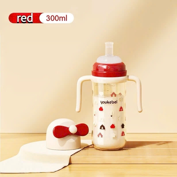Bình nước tập hút, tập uống Youkebei có tay cầm, ống hút chống sặc 300ml (màu đỏ)