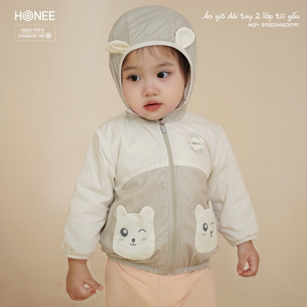 Áo gió dài tay 2 lớp túi gấu Honee