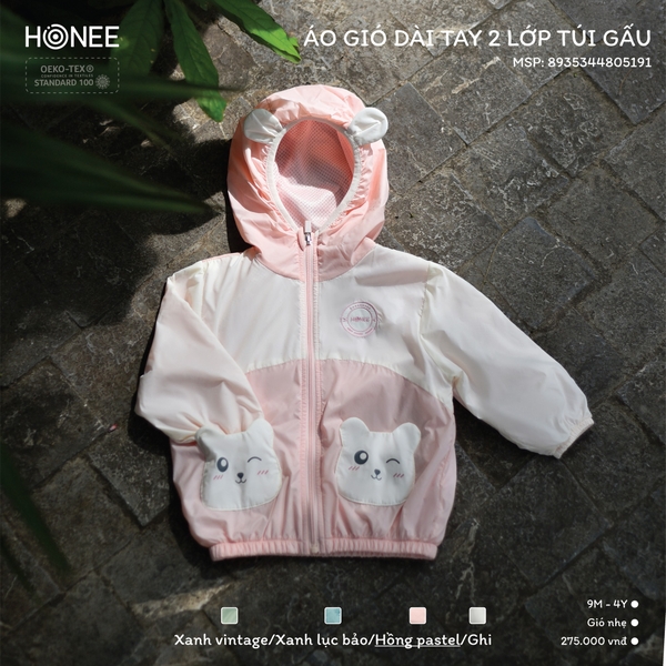 Áo gió dài tay 2 lớp túi gấu Honee