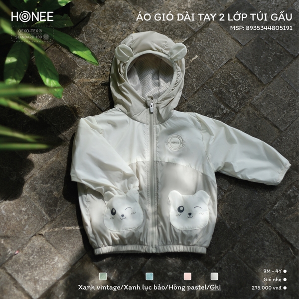 Áo gió dài tay 2 lớp túi gấu Honee