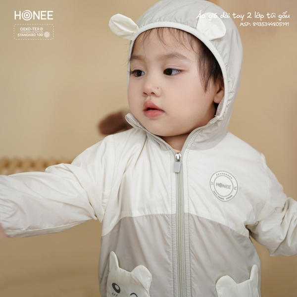 Áo gió dài tay 2 lớp túi gấu Honee