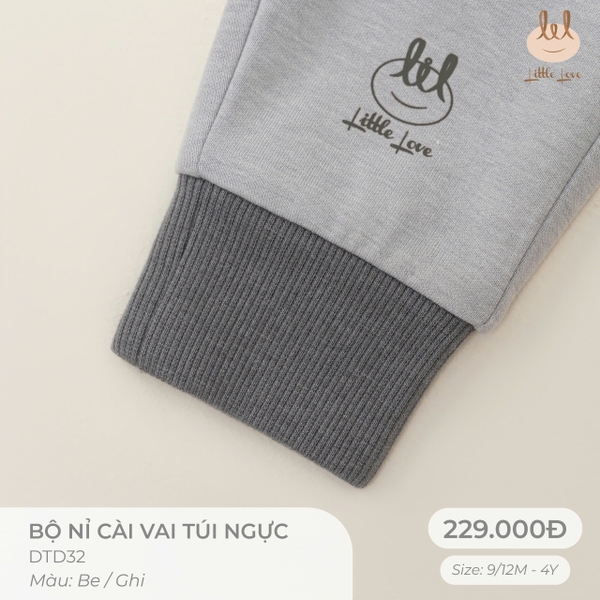 (C2.5-DHV) Bộ nỉ cài vai túi ngực Little Love