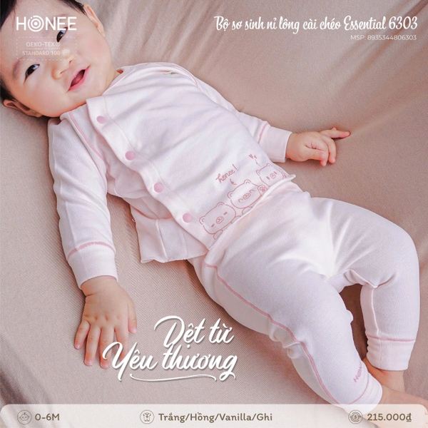 Bộ Sơ Sinh Nỉ Lông Cài Chéo Honee Essential 6303