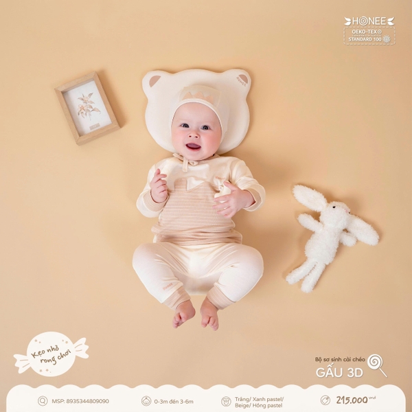 Bộ sơ sinh cài chéo Gấu 3D Honee 9090