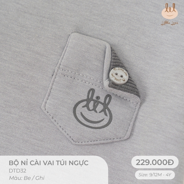 (C2.5-DHV) Bộ nỉ cài vai túi ngực Little Love