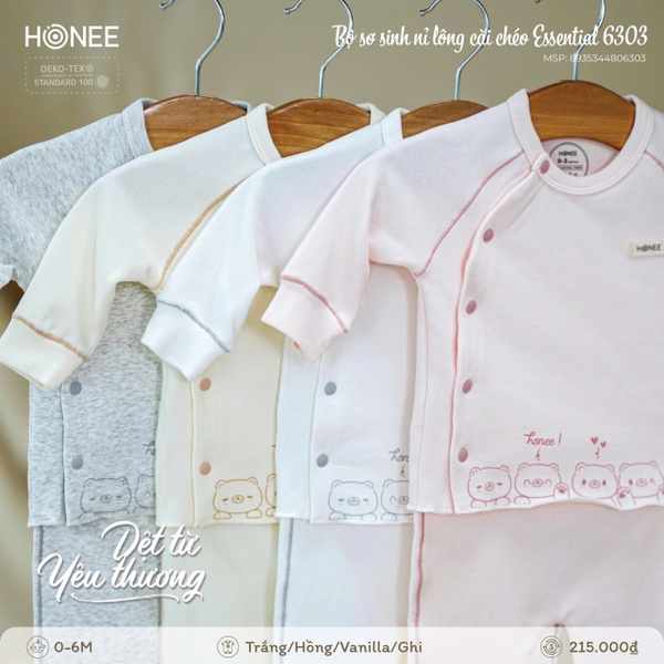 Bộ Sơ Sinh Nỉ Lông Cài Chéo Honee Essential 6303