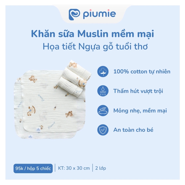 Hộp 5 khăn sữa Muslin Piumie 2 lớp - Piu Muslin (30x30CM)