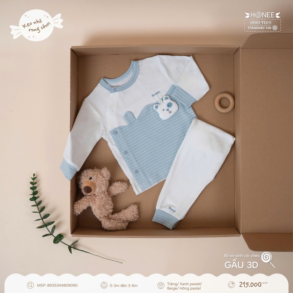 Bộ sơ sinh cài chéo Gấu 3D Honee 9090