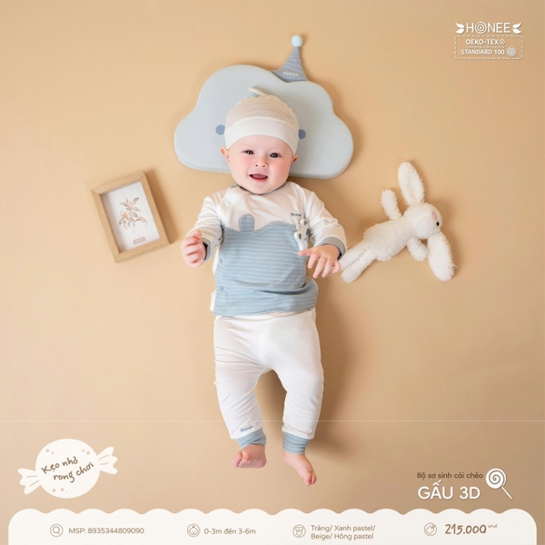 Bộ sơ sinh cài chéo Gấu 3D Honee 9090