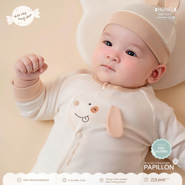 Bộ sơ sinh nỉ lông cài giữa Papillon Honee 9526