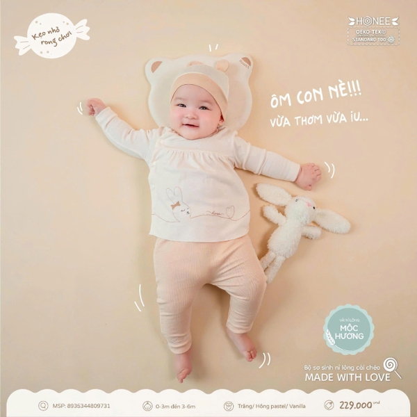 Bộ sơ sinh nỉ lông cài chéo Made With Love Honee 9731