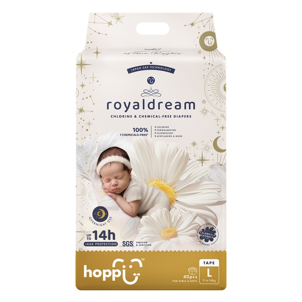 Bỉm - Tã dán Hoppi RoyalDream cao cấp size L40 miếng (cho bé 9-14kg)