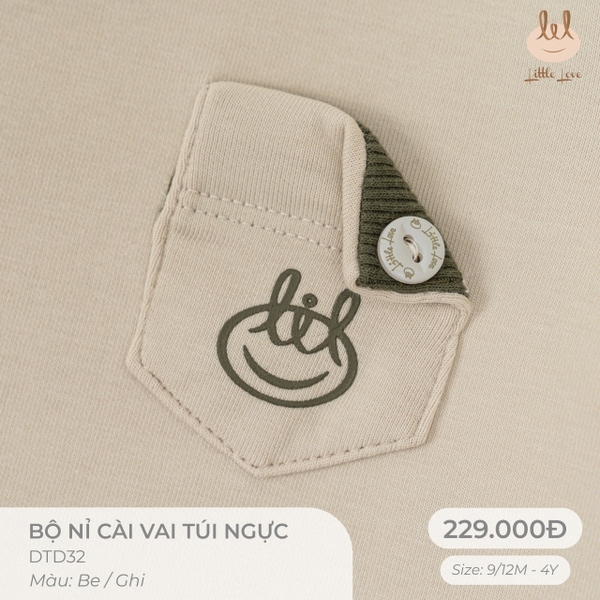 (C2.5-DHV) Bộ nỉ cài vai túi ngực Little Love