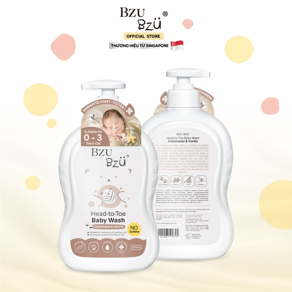 Sữa tắm gội toàn thân cho bé Bzu Bzu chiết xuất hạt bông và vani 600ml (0M+)