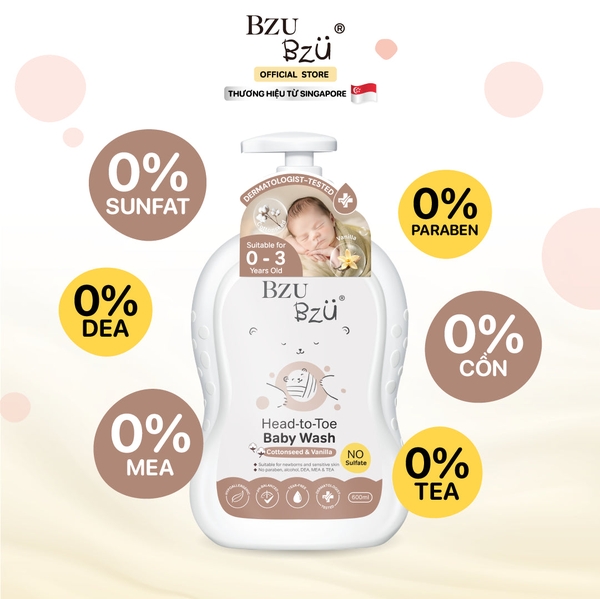 Sữa tắm gội toàn thân cho bé Bzu Bzu chiết xuất hạt bông và vani 600ml (0M+)