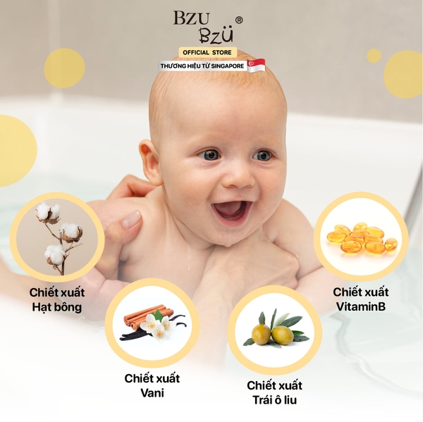 Sữa tắm gội toàn thân cho bé Bzu Bzu chiết xuất hạt bông và vani 600ml (0M+)