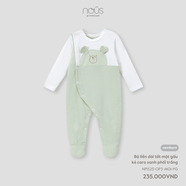 Bộ liền dài tất mặt gấu kẻ caro xanh phối trắng Nous - NB