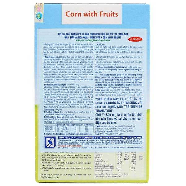 Bột sữa & ngũ cốc ngô, hoa quả cho bé 6M+ 250g