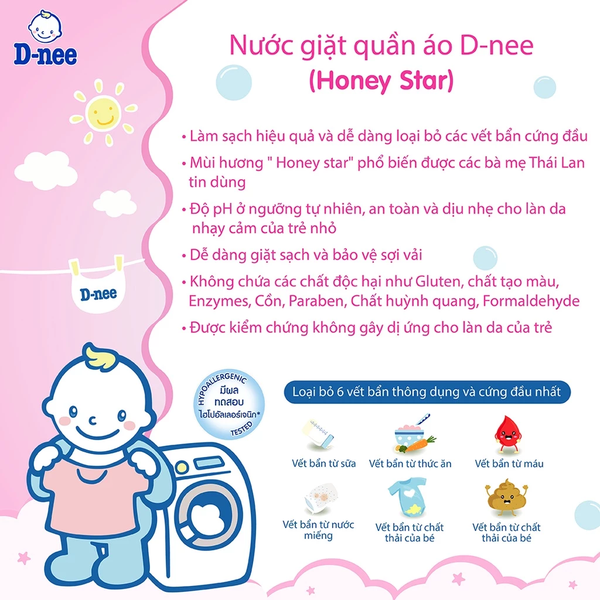Nước giặt quần áo em bé Dnee hồng Honey Star túi 530ml