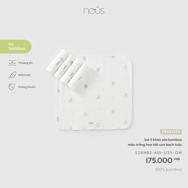 Set 5 khăn sữa bamboo màu trắng in họa tiết Nous