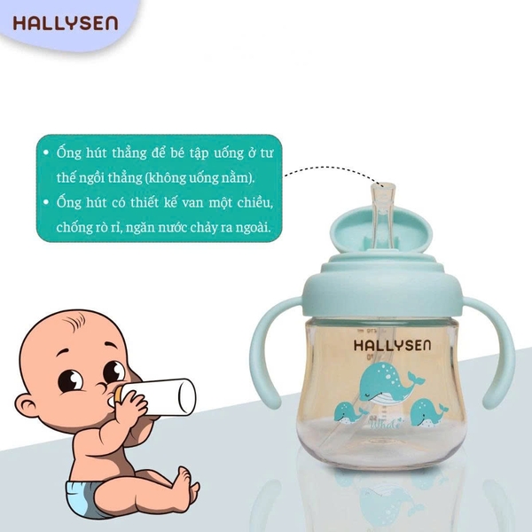 Bình Tập Uống Nước Hallysen Chất Liệu Tritran 210ml - Màu xanh cá voi (6M+)