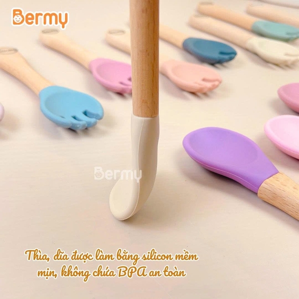 Thìa ăn dặm silicone cán gỗ Bermy (dài 14cm, màu ngẫu nhiên)