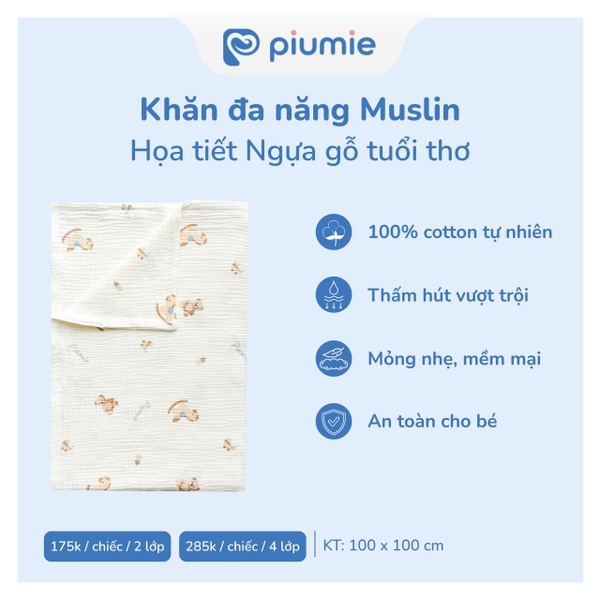 Khăn đa năng Muslin Piumie 2 lớp - Piu Muslin (100x100cm)