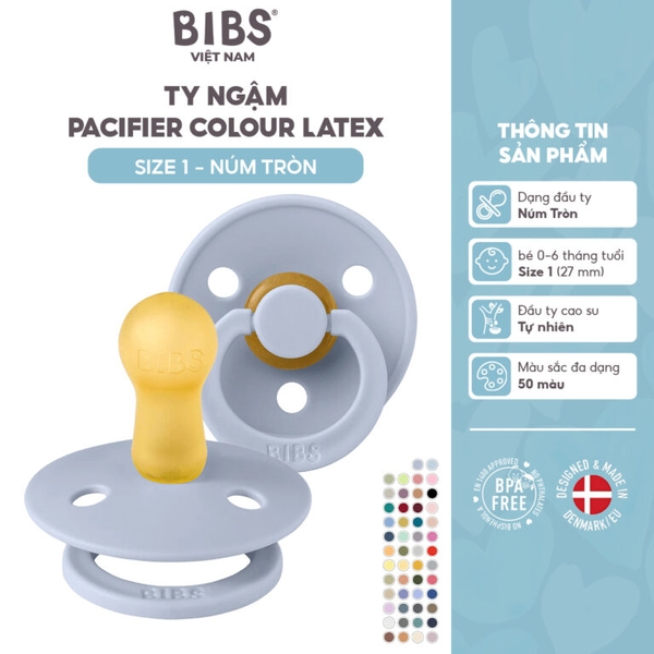 Ty ngậm núm tròn cao su tự nhiên BIBS Pacifier De Lux Latex  Size 1 từ 0-6 tháng tuối, Dusty Blue