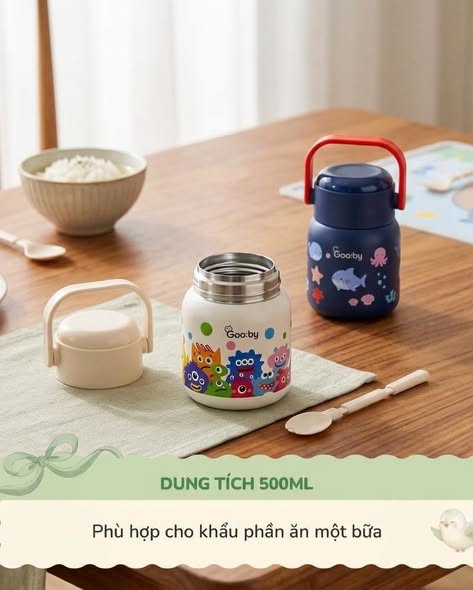 [MẪU MỚI] Bình Ủ Cháo Giữ Nhiệt Inox 304 Kèm Thìa GOOBY 500ml (giao màu ngẫu nhiên)