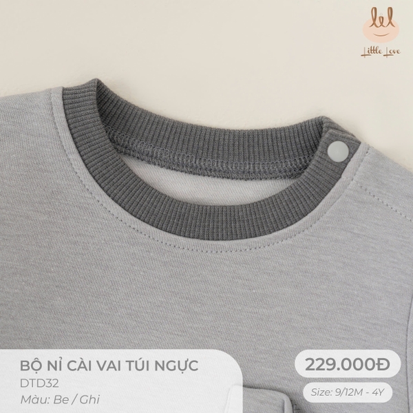 (C2.5-DHV) Bộ nỉ cài vai túi ngực Little Love