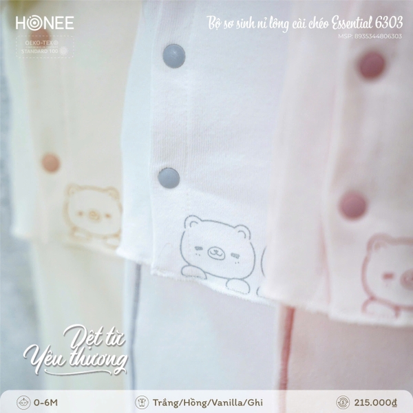 Bộ Sơ Sinh Nỉ Lông Cài Chéo Honee Essential 6303