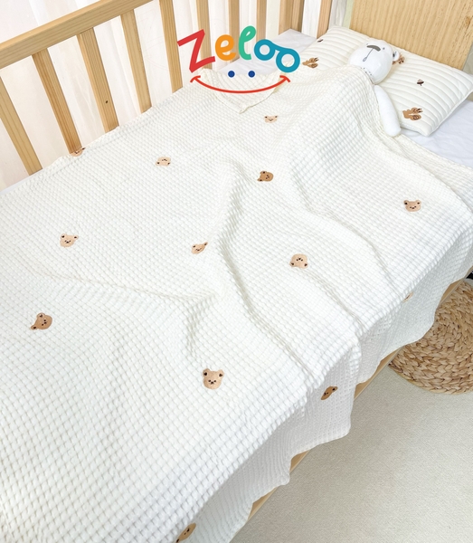 Chăn lưới sợi tre Zeloo xuất Hàn thêu full 100x90cm, màu ngẫu nhiên