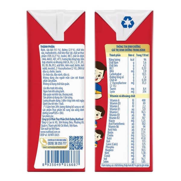 Sữa dinh dưỡng pha sẵn Nutifood GrowPlus+ Đỏ ít đường 4*110ml (1Y+)