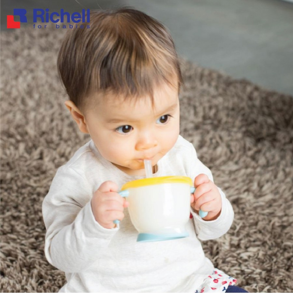 Cốc tập uống 3 giai đoạn Richell nắp vàng tay xanh lơ