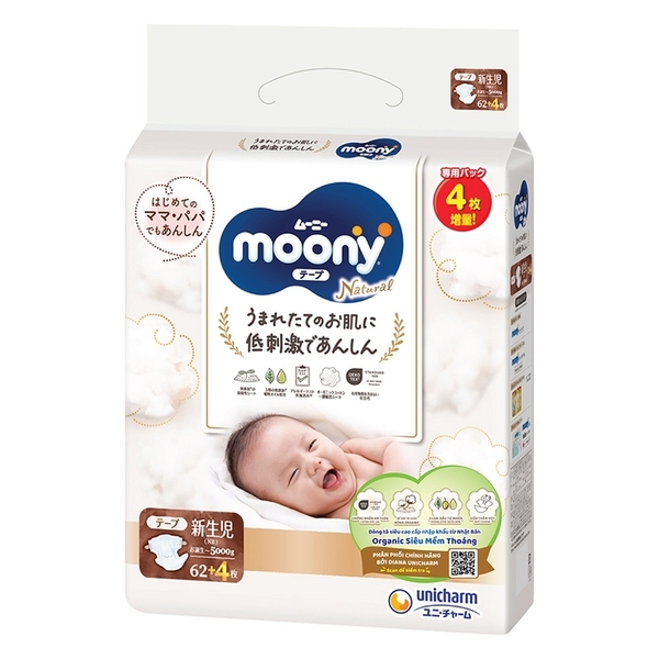 Bỉm - Tã dán Moony Trắng NewBorn 62 cộng 4 miếng (cho bé ~5kg)
