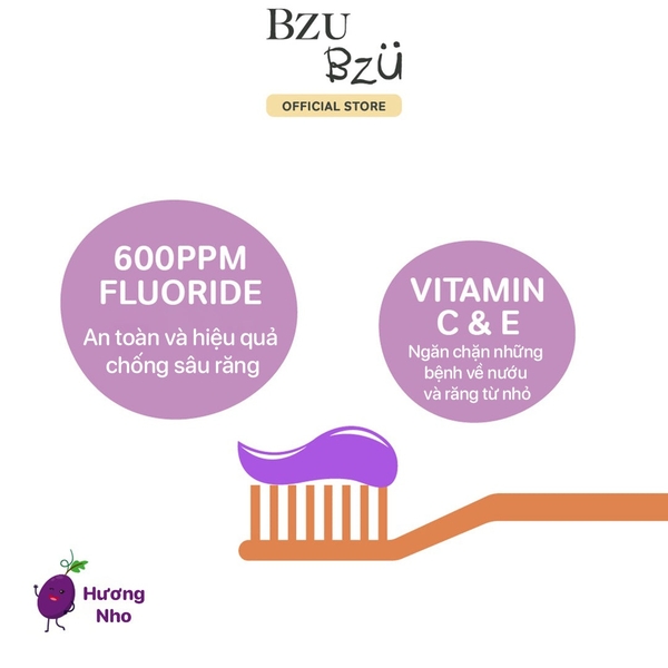 Kem đánh răng trẻ em hương nho Bzu Bzu 50g cho bé 3Y+