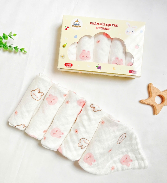 Hộp 5 khăn sữa sợi tre orangic Manny 4 lớp mềm mại, kháng khuẩn size 30x30cm