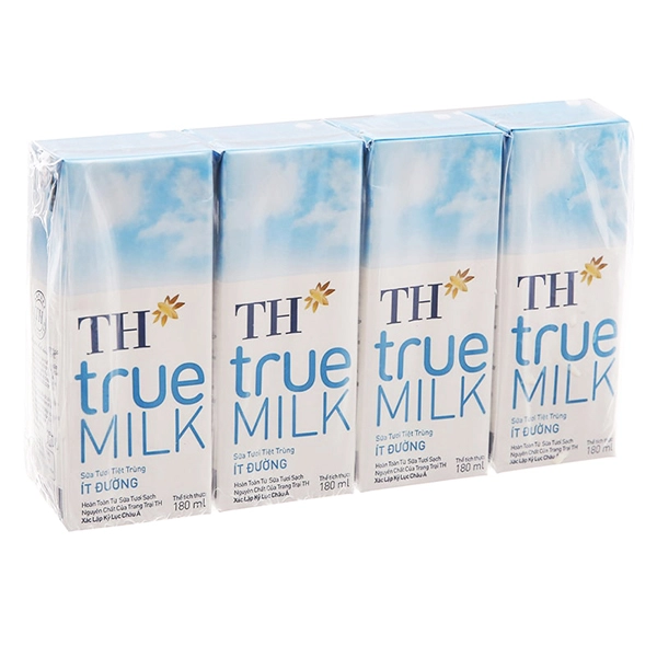 Sữa tươi tiệt trùng TH True Milk ít đường 180ml cho bé trên 2 tuổi (vỉ 4 hộp)