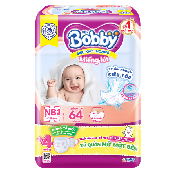 Miếng lót Bobby NB1 cho bé dưới 5 kg (64 miếng)