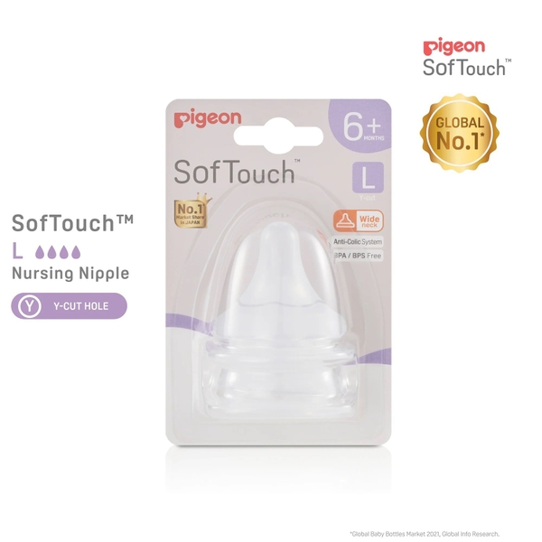 Núm ty Pigeon silicone siêu mềm Plus WN3 size L cho bé >6 tháng (2 cái/vỉ)