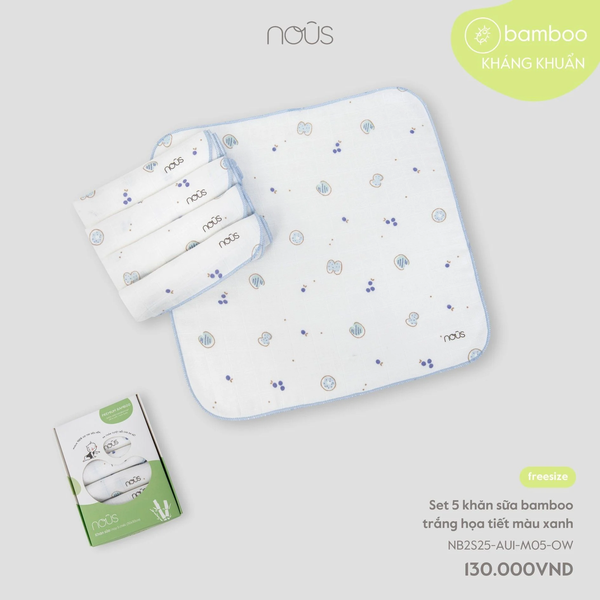 Set 5 khăn sữa Nous bamboo trắng họa tiết màu xanh