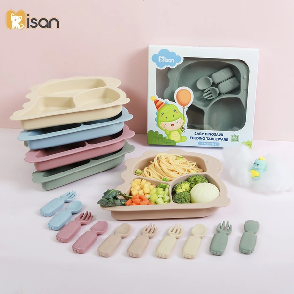 Khay ăn dặm silicon Misan Khủng Long 3 ngăn kèm thìa dĩa