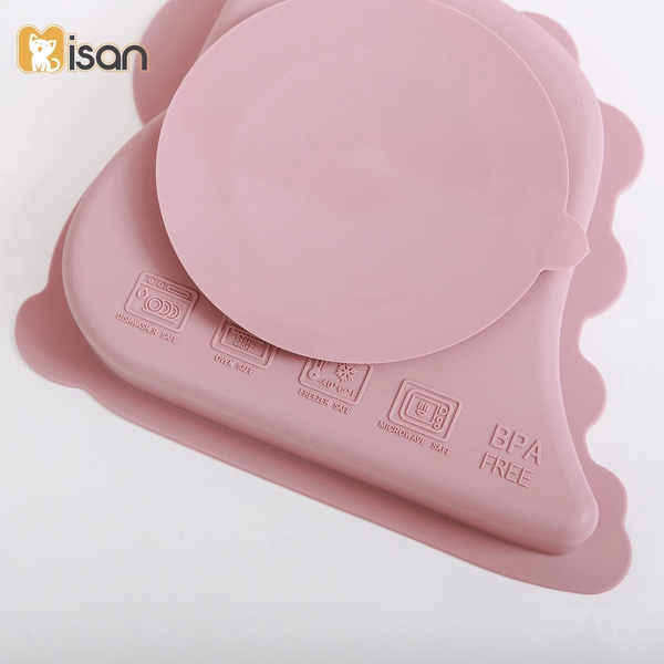 Khay ăn dặm silicon Misan Khủng Long 3 ngăn kèm thìa dĩa