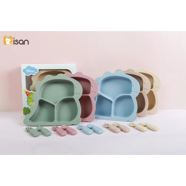 Khay ăn dặm silicon Misan Khủng Long 3 ngăn kèm thìa dĩa
