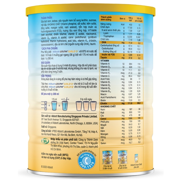 Sữa Abbott Grow Gold 3+ hương Vani cho bé 3-6 tuổi (850g)