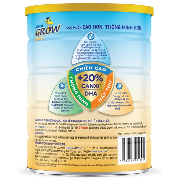 Sữa Abbott Grow Gold 3+ hương Vani cho bé 3-6 tuổi (850g)